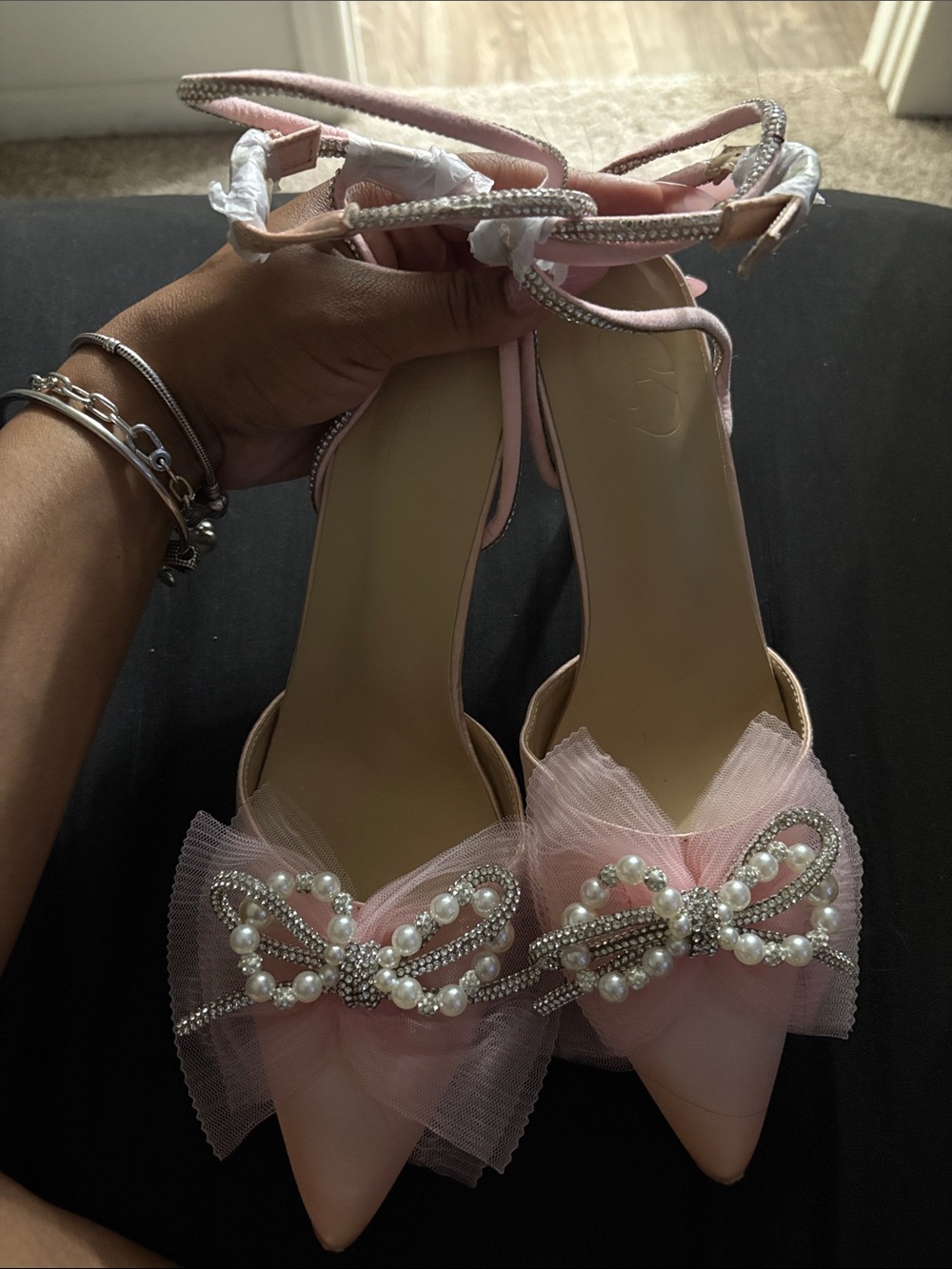 Pink Pearl Bow Pointed-Toe Heels - Women Shoes